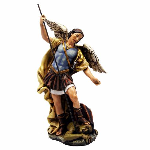 saint michael statue in coloured wood pulp