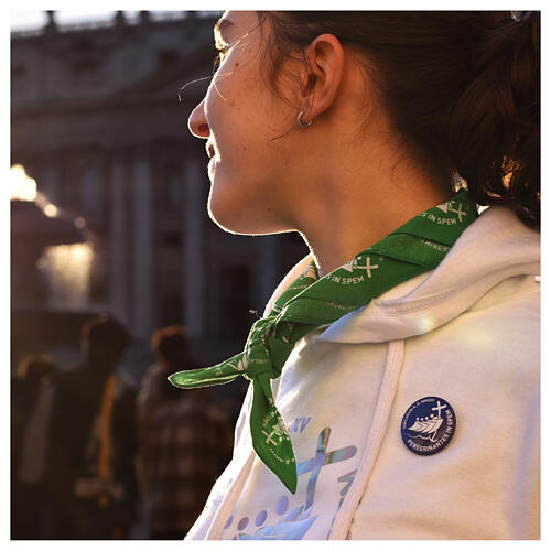 Green bandana with white logo, 2025 Jubilee pilgrim's kit 