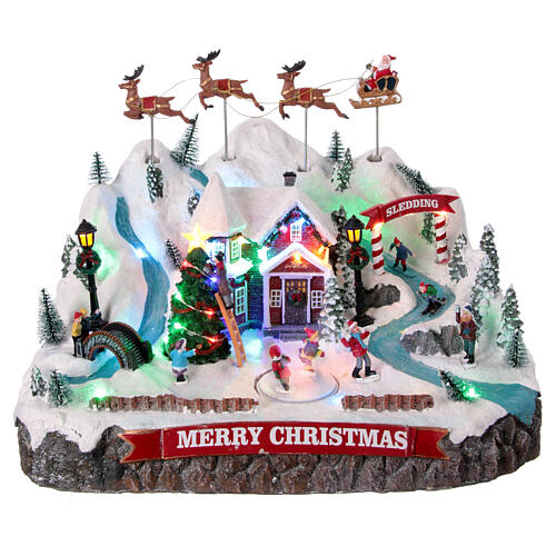 snowy mountain village santa claus in flight